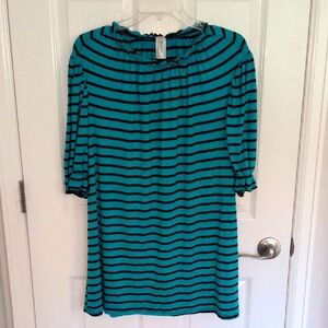 Acting Pro Short Sleeve Teal & Black Striped Blouse - 2X